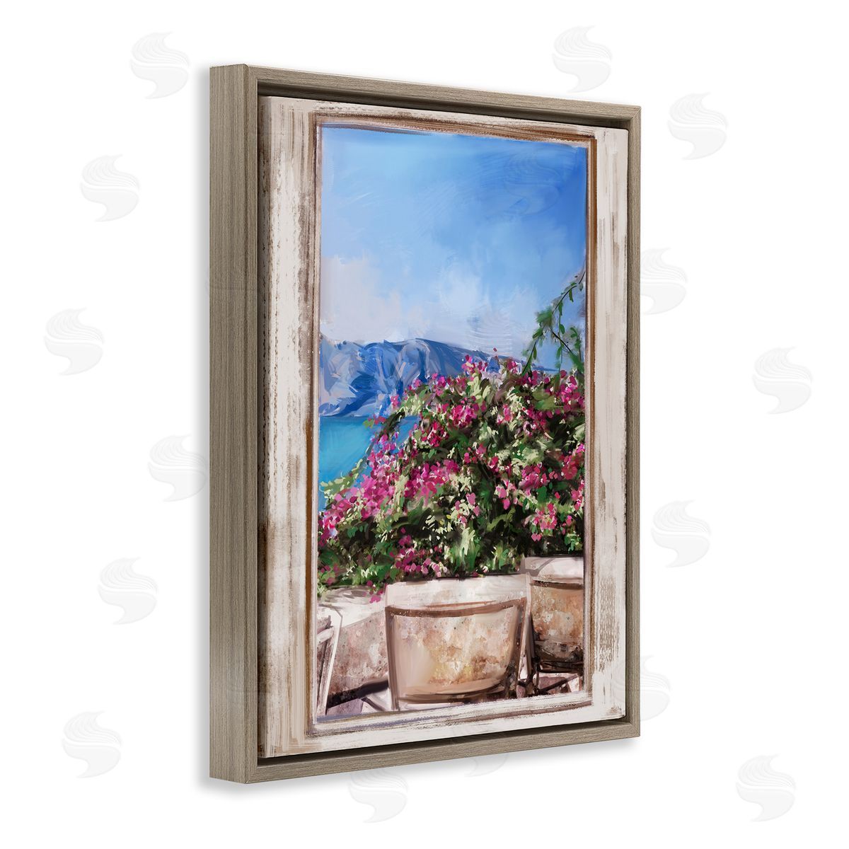 Ziwei Li Through Window View Seaside Flower Garden Scene Brown Floating Frame Canvas Wall Art Print