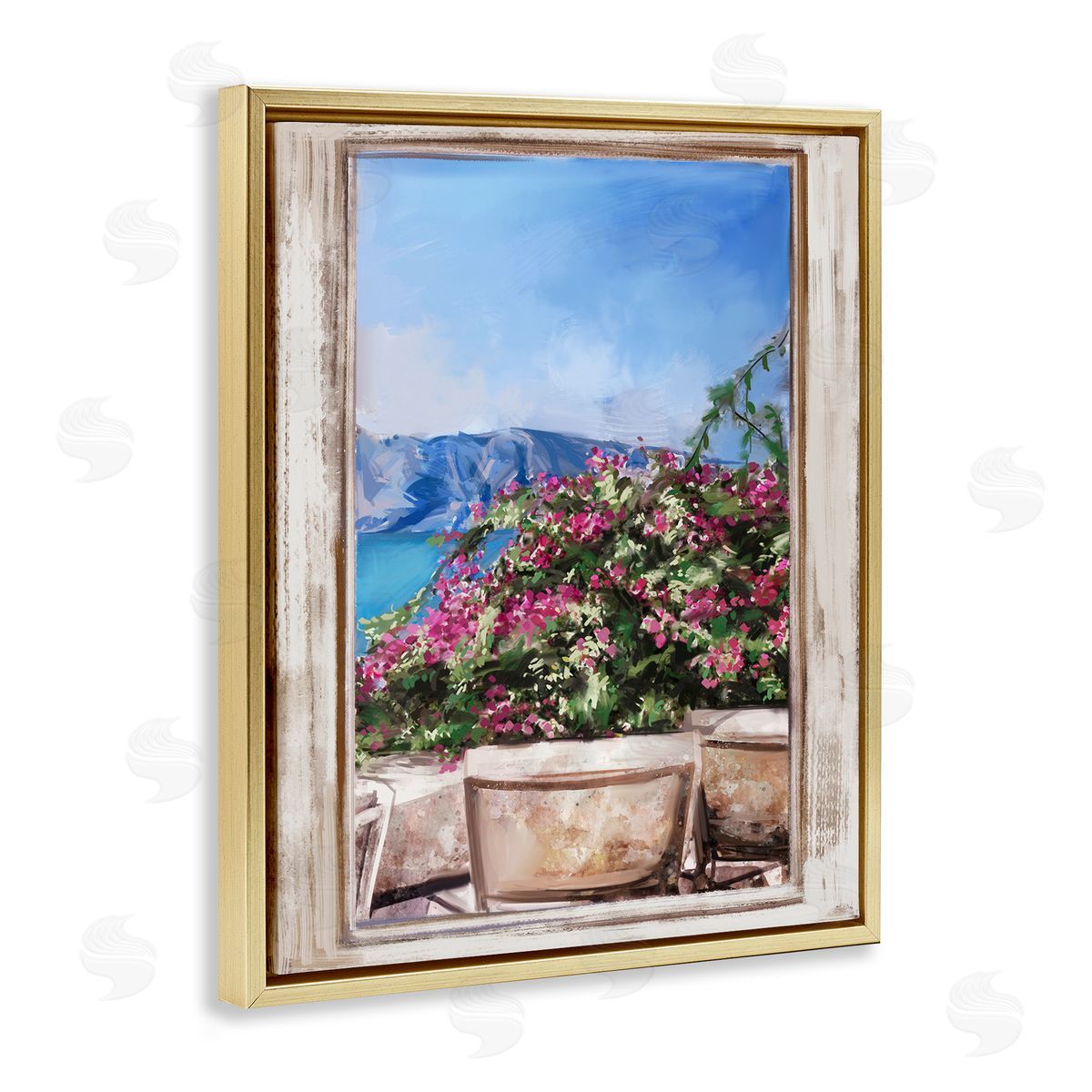 Ziwei Li Through Window View Seaside Flower Garden Scene Gold Floating Frame Canvas Wall Art Print