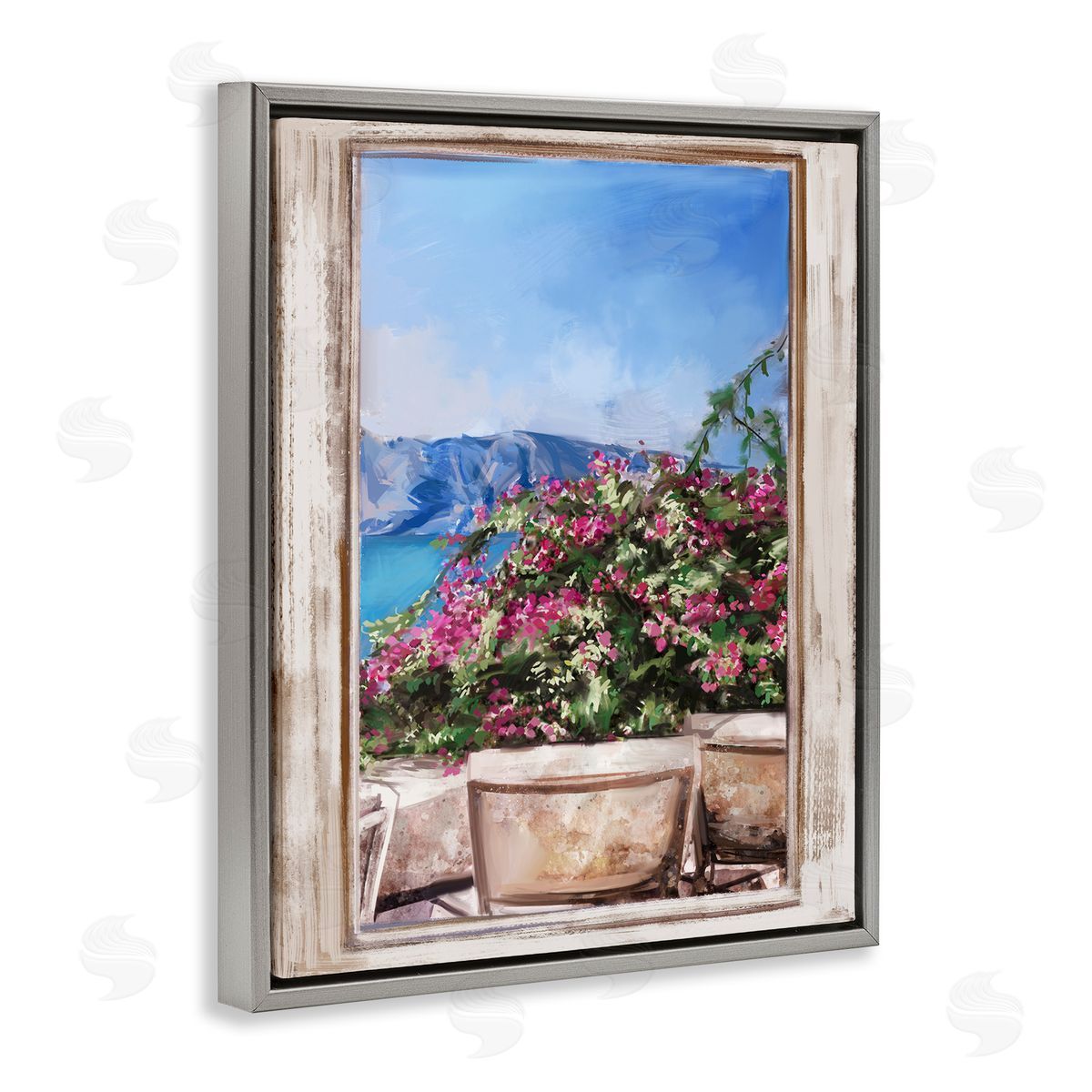 Ziwei Li Through Window View Seaside Flower Garden Scene Gray Floating Frame Canvas Wall Art Print