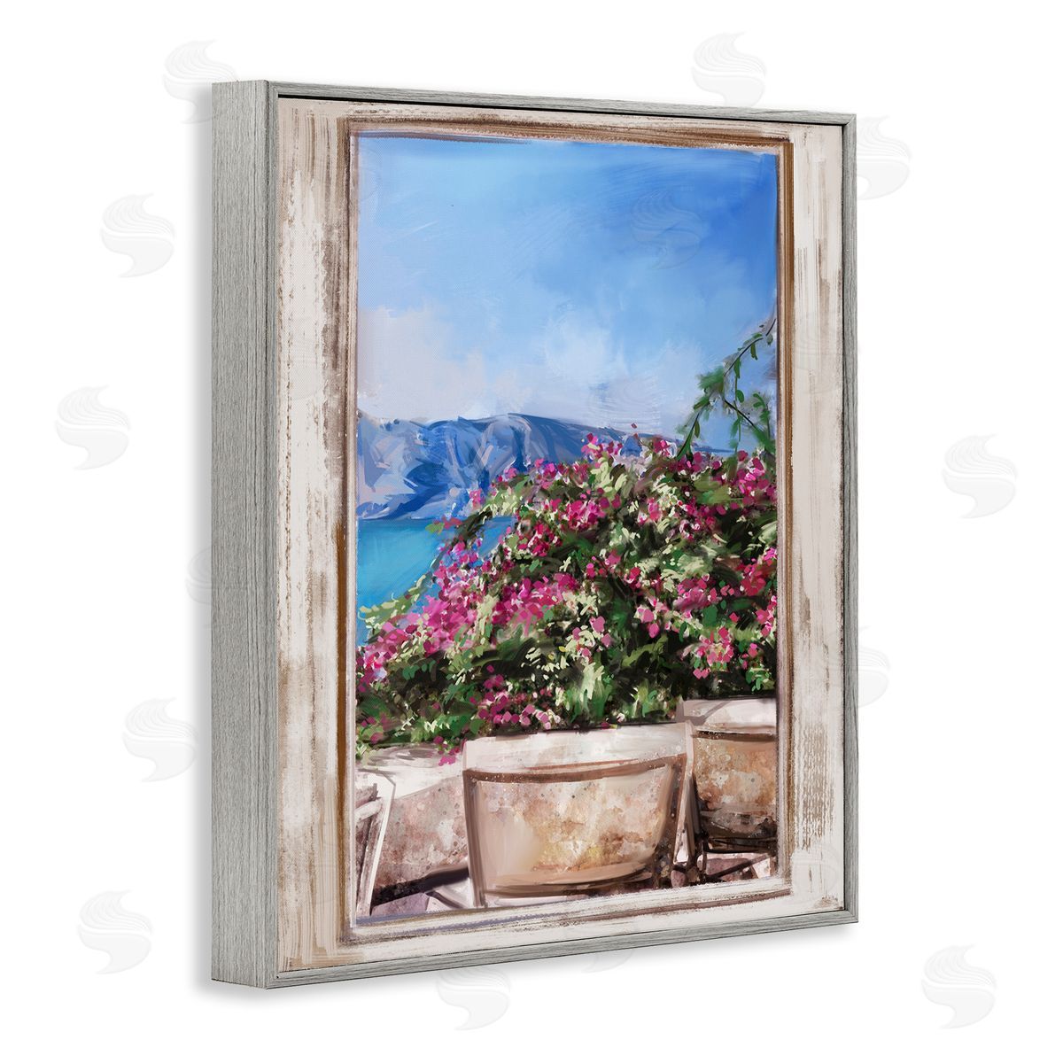 Ziwei Li Through Window View Seaside Flower Garden Scene Gray Framed Giclee Wall Art Print