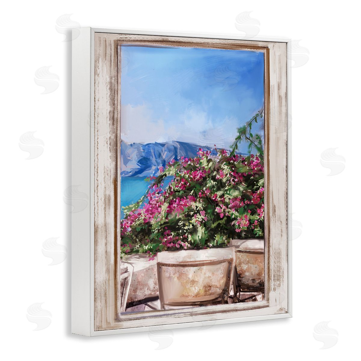 Ziwei Li Through Window View Seaside Flower Garden Scene White Framed Giclee Wall Art Print