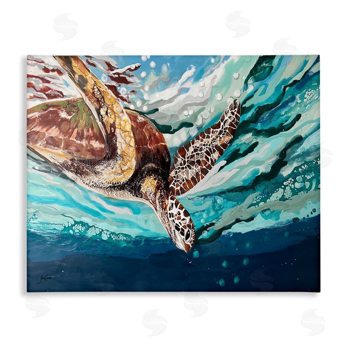Stacy Gresell Splashing Sea Turtle Diving Below Ocean Surface Stretched Canvas Wall Art Print