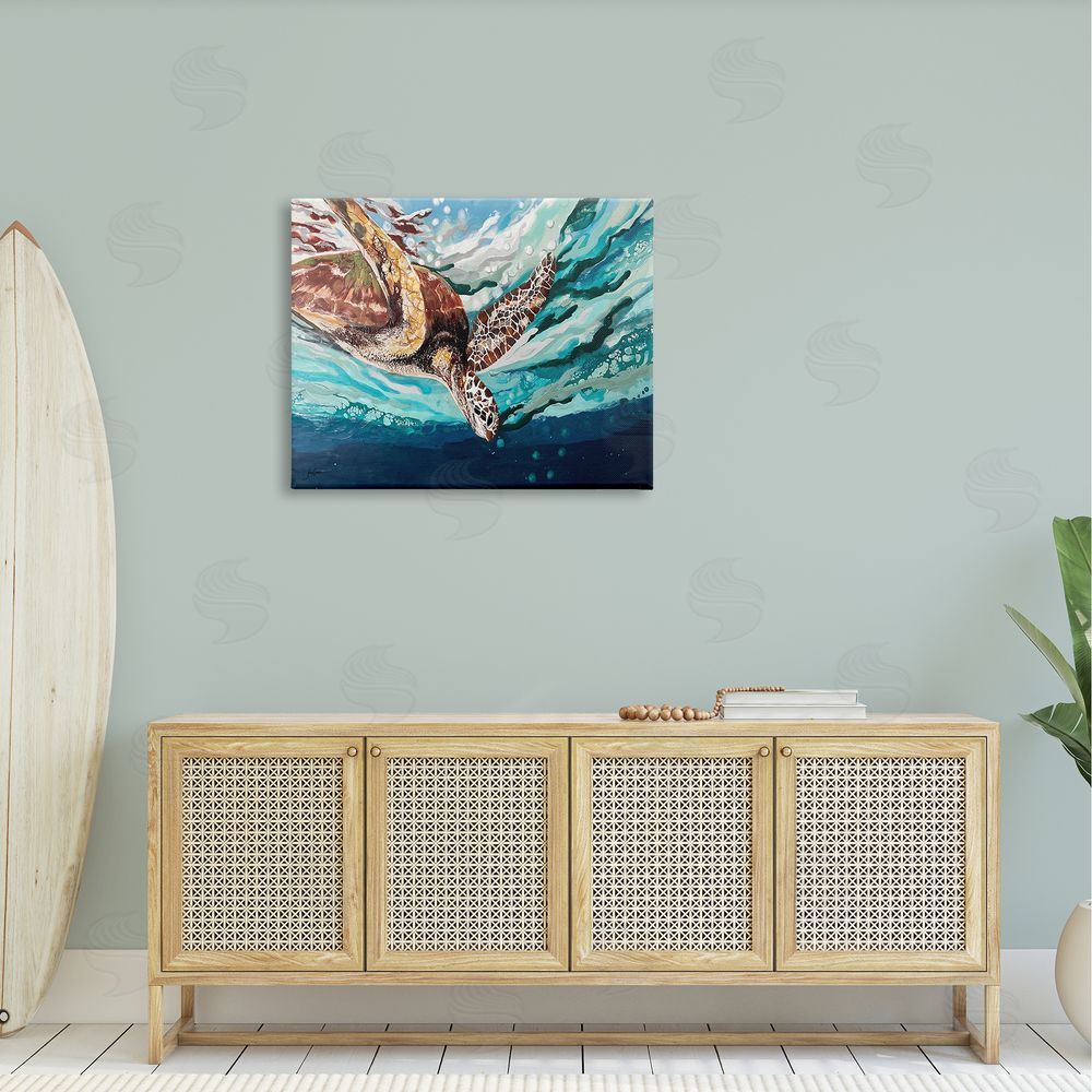 Stacy Gresell Splashing Sea Turtle Diving Below Ocean Surface Canvas Wall Art Print in Room