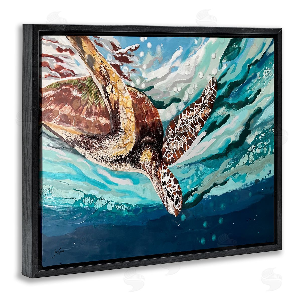 Stacy Gresell Splashing Sea Turtle Diving Below Ocean Surface Black Floating Frame Canvas Wall Art Print