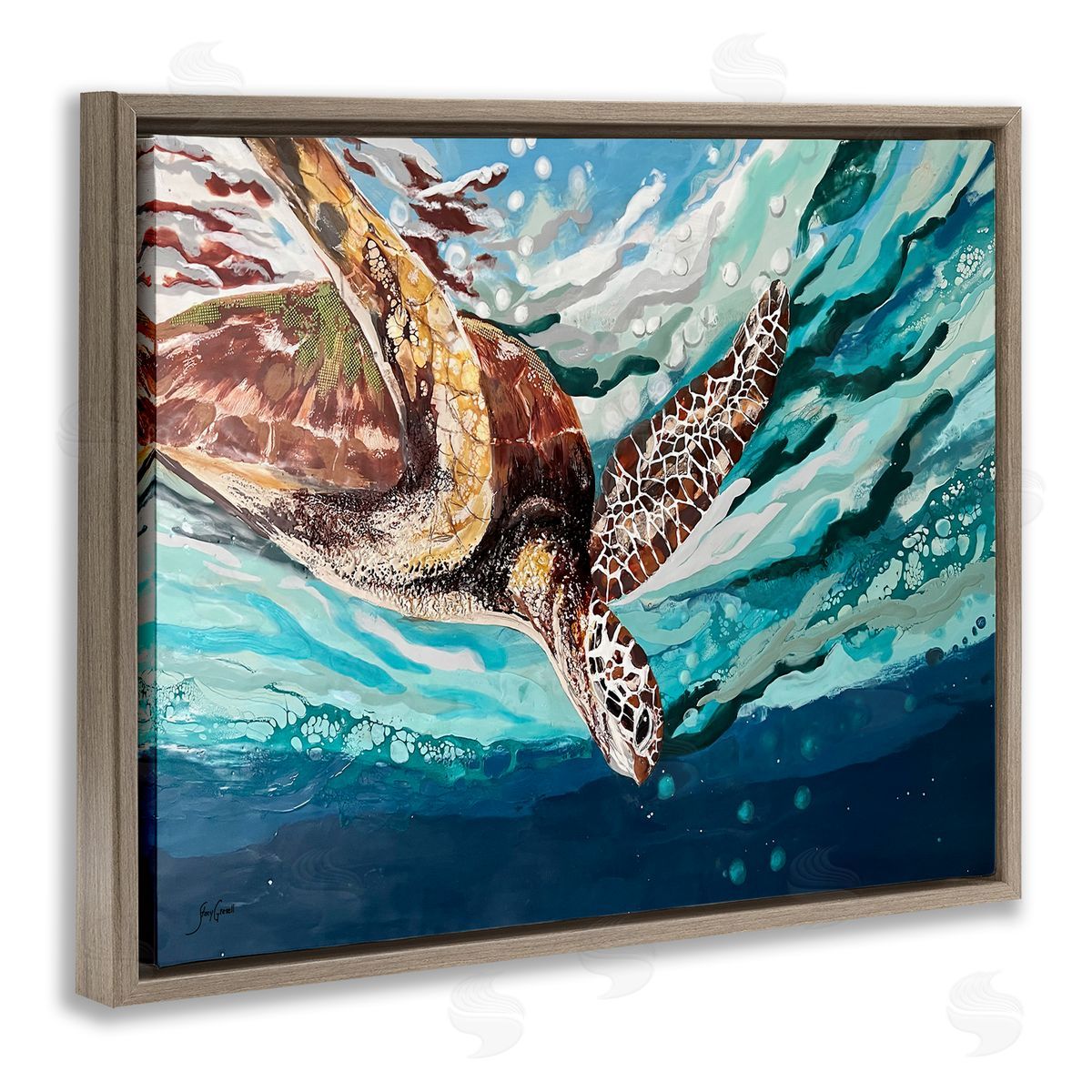Stacy Gresell Splashing Sea Turtle Diving Below Ocean Surface Brown Floating Frame Canvas Wall Art Print