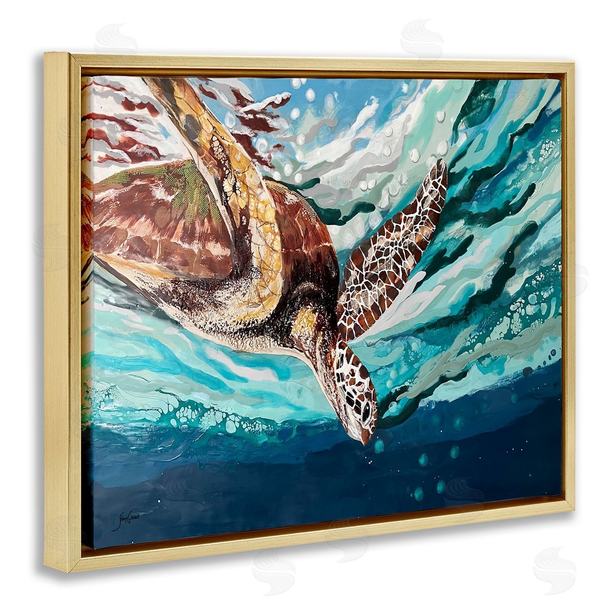 Stacy Gresell Splashing Sea Turtle Diving Below Ocean Surface Gold Floating Frame Canvas Wall Art Print