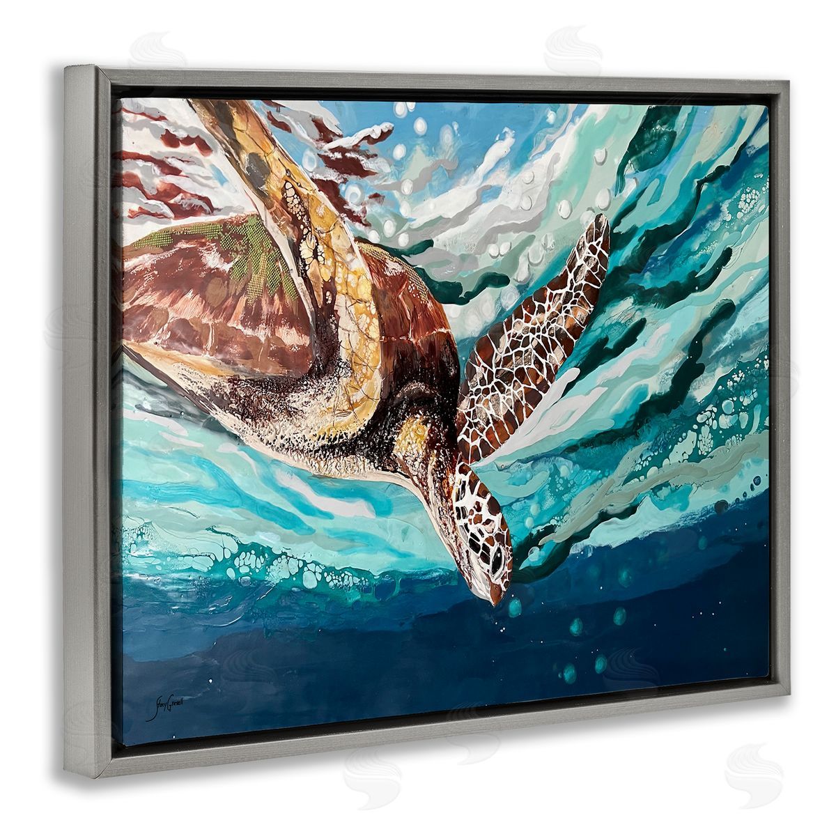 Stacy Gresell Splashing Sea Turtle Diving Below Ocean Surface Gray Floating Frame Canvas Wall Art Print
