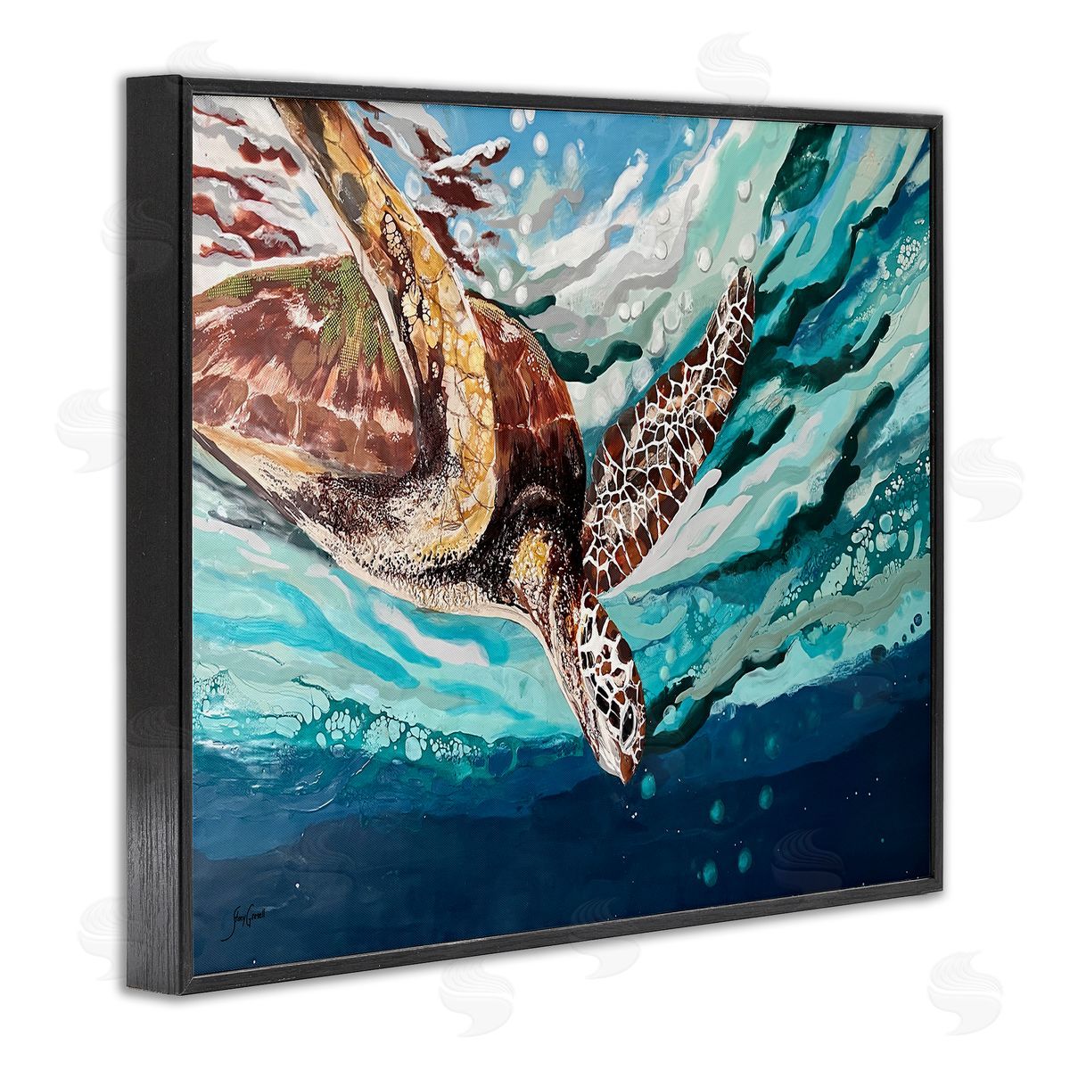 Stacy Gresell Splashing Sea Turtle Diving Below Ocean Surface Black Framed Giclee Wall Art Print