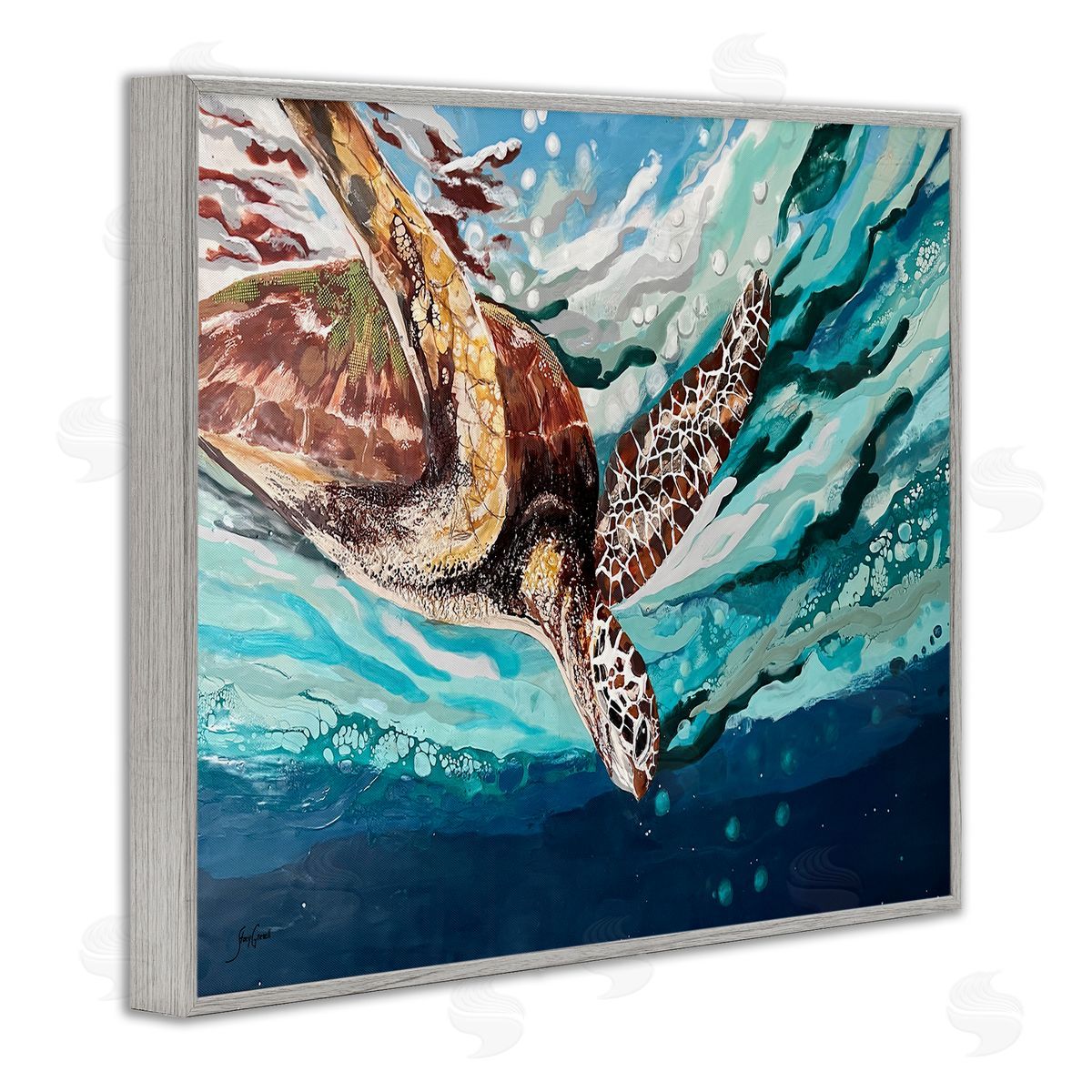 Stacy Gresell Splashing Sea Turtle Diving Below Ocean Surface Gray Framed Giclee Wall Art Print