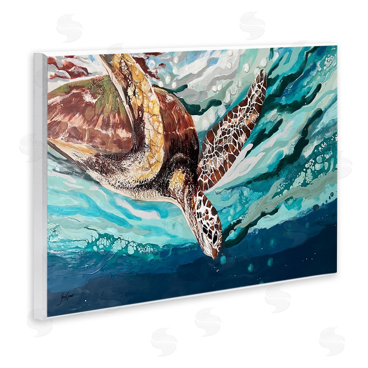 Stacy Gresell Splashing Sea Turtle Diving Below Ocean Surface Wall Plaque Art Print