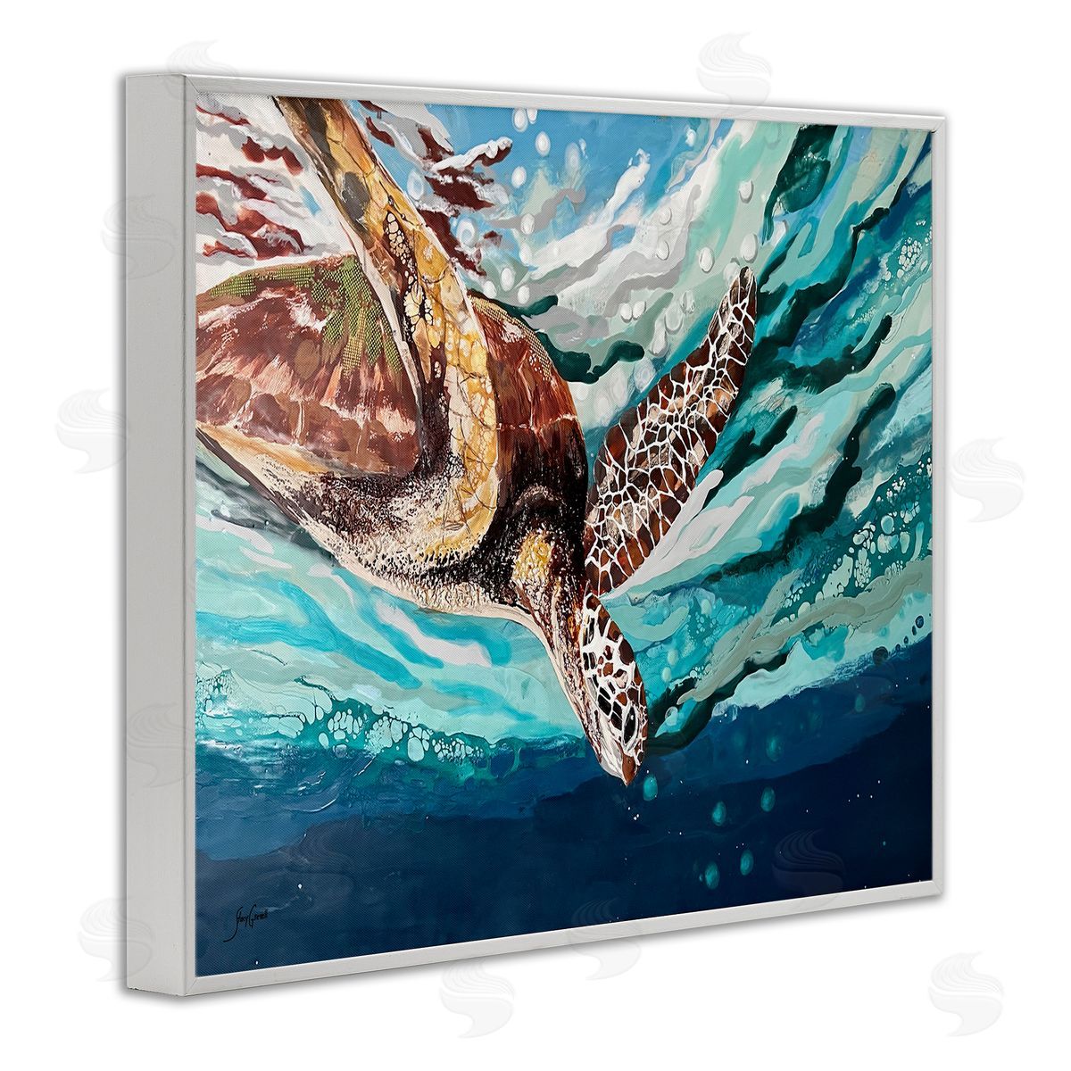 Stacy Gresell Splashing Sea Turtle Diving Below Ocean Surface White Framed Giclee Wall Art Print