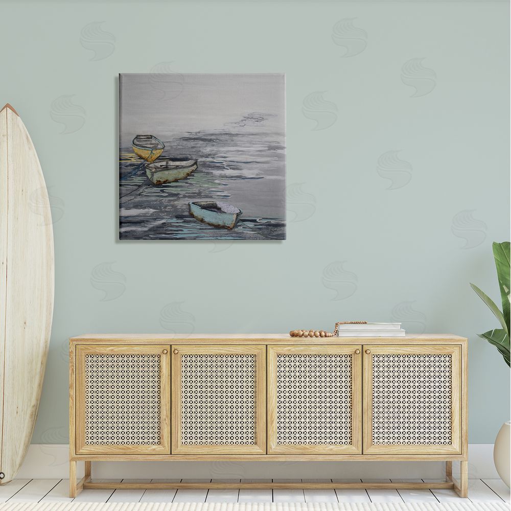 Stacy Gresell Three Rowboats Floating Ocean Waves Layered Collage Canvas Wall Art in Room