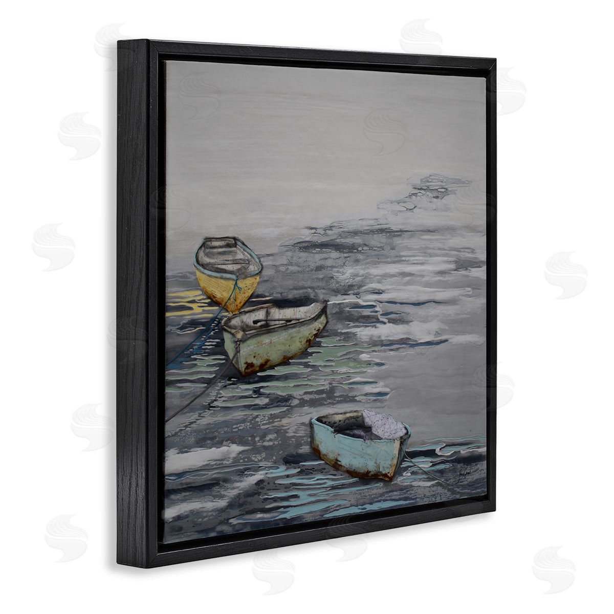 Stacy Gresell Three Rowboats Floating Ocean Waves Layered Collage Black Floating Frame Canvas Wall Art Print