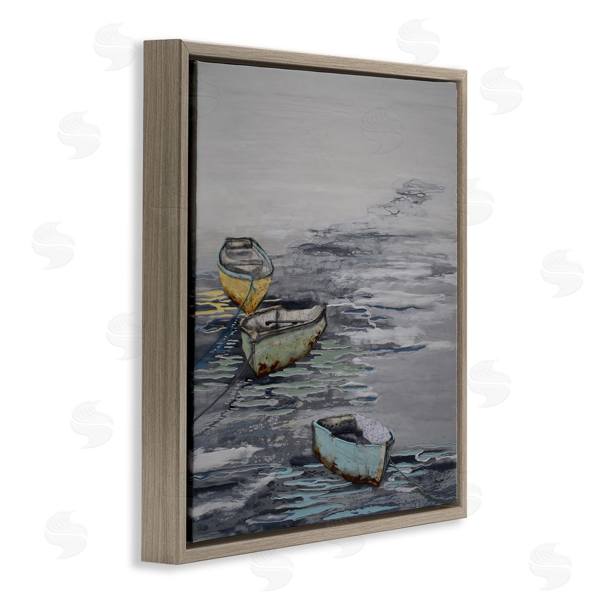Stacy Gresell Three Rowboats Floating Ocean Waves Layered Collage Brown Floating Frame Canvas Wall Art Print