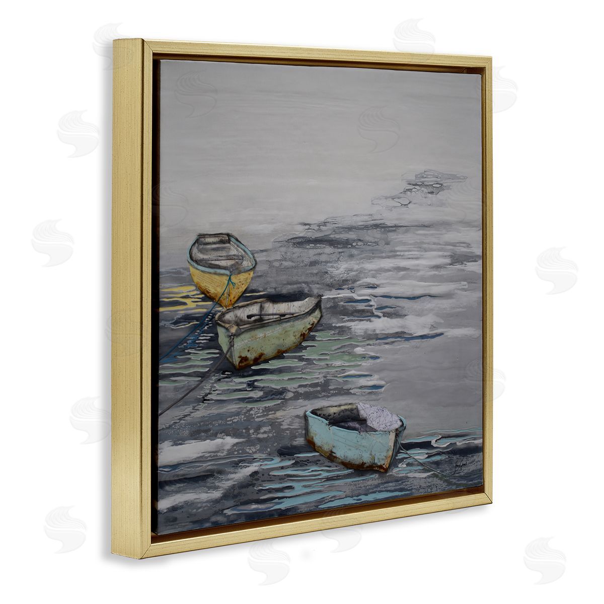 Stacy Gresell Three Rowboats Floating Ocean Waves Layered Collage Gold Floating Frame Canvas Wall Art Print