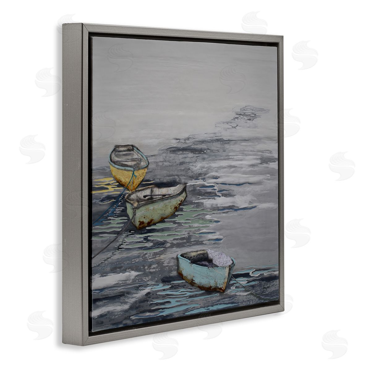 Stacy Gresell Three Rowboats Floating Ocean Waves Layered Collage Gray Floating Frame Canvas Wall Art Print