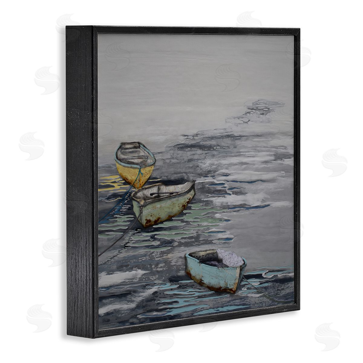 Stacy Gresell Three Rowboats Floating Ocean Waves Layered Collage Black Framed Glicee Wall Art Print