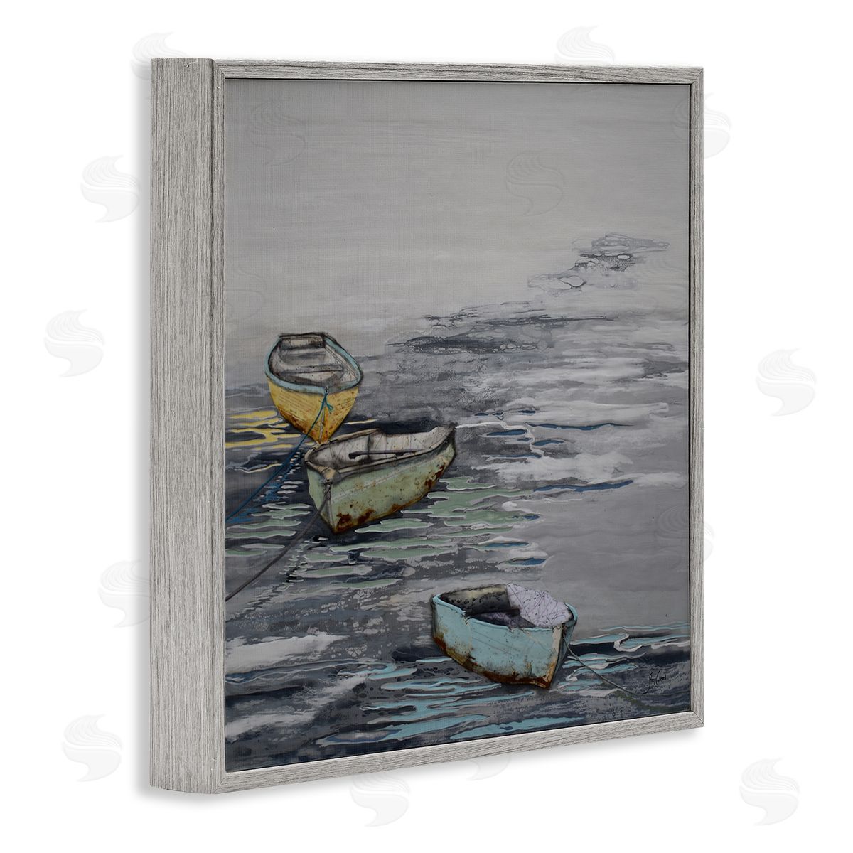 Stacy Gresell Three Rowboats Floating Ocean Waves Layered Collage Gray Framed Glicee Wall Art Print