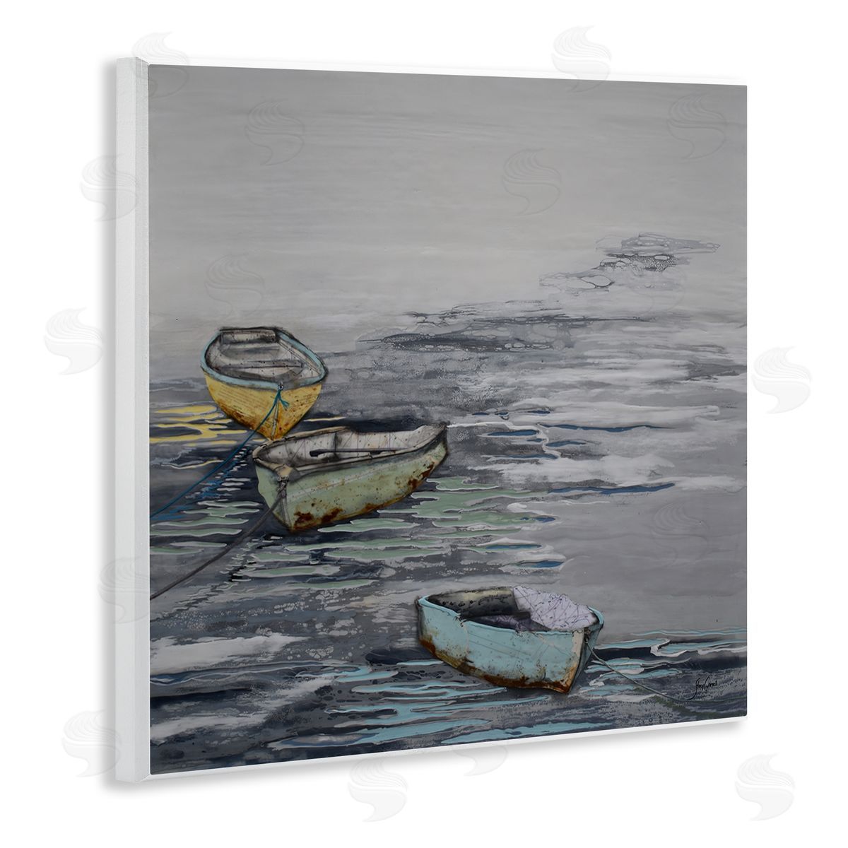 Stacy Gresell Three Rowboats Floating Ocean Waves Layered Collage Wooden Wall Plaque Art Print