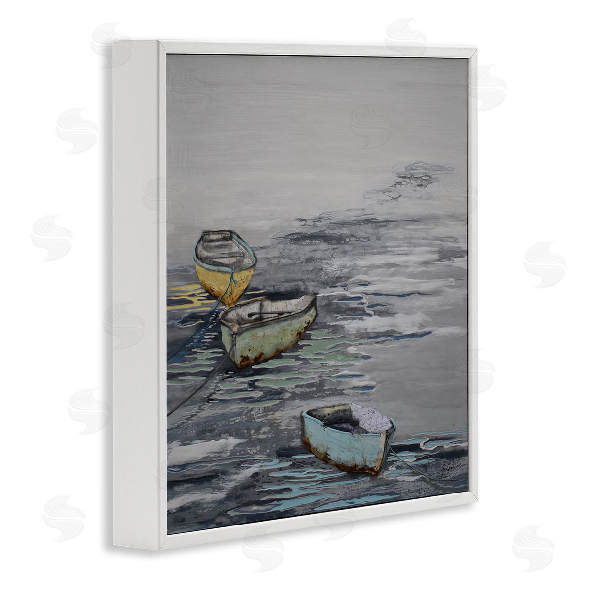 Stacy Gresell Three Rowboats Floating Ocean Waves Layered Collage White Framed Glicee Wall Art Print