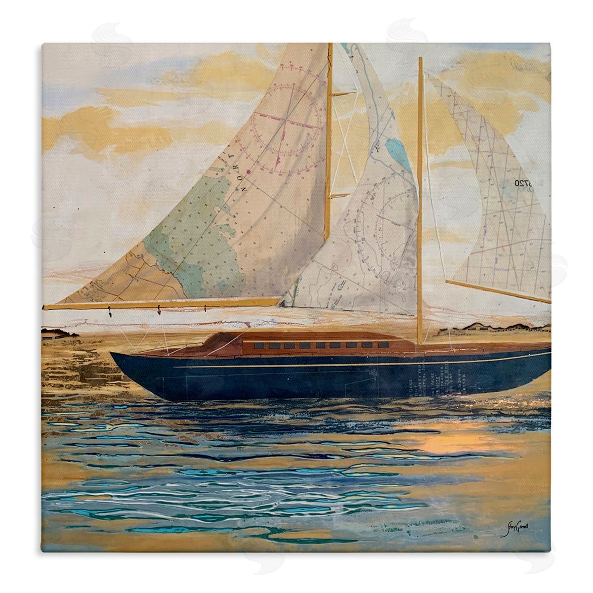 Stacy Gresell Nautical Watercraft Boat Layered Map Ephemera Collage Stretched Canvas Wall Art Print