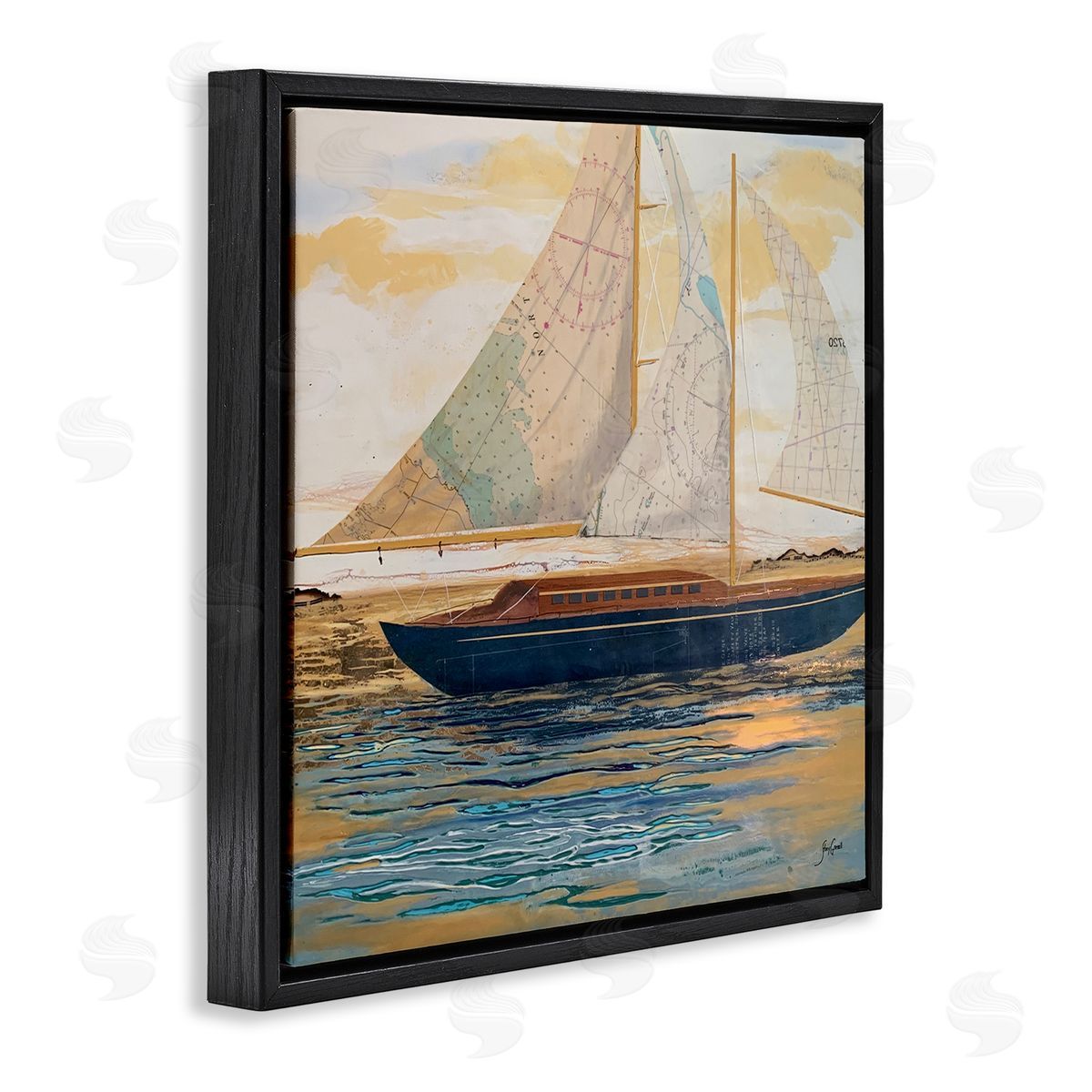 Stacy Gresell Nautical Watercraft Boat Layered Map Ephemera Collage Black Floating Frame Canvas Wall Art Print