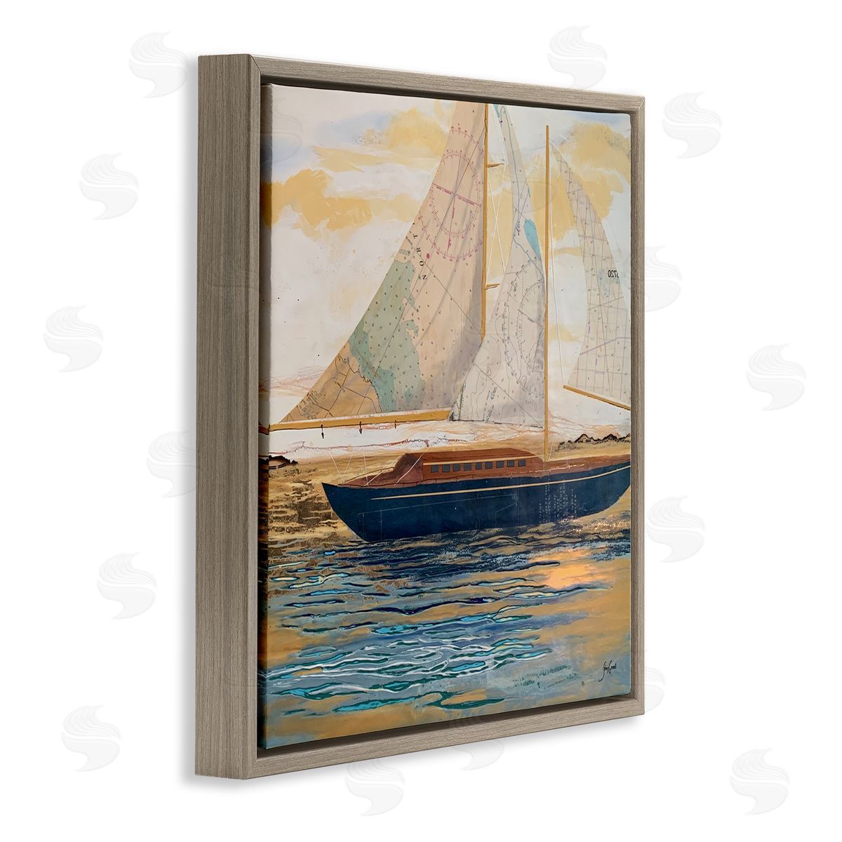 Stacy Gresell Nautical Watercraft Boat Layered Map Ephemera Collage Brown Floating Frame Canvas Wall Art Print