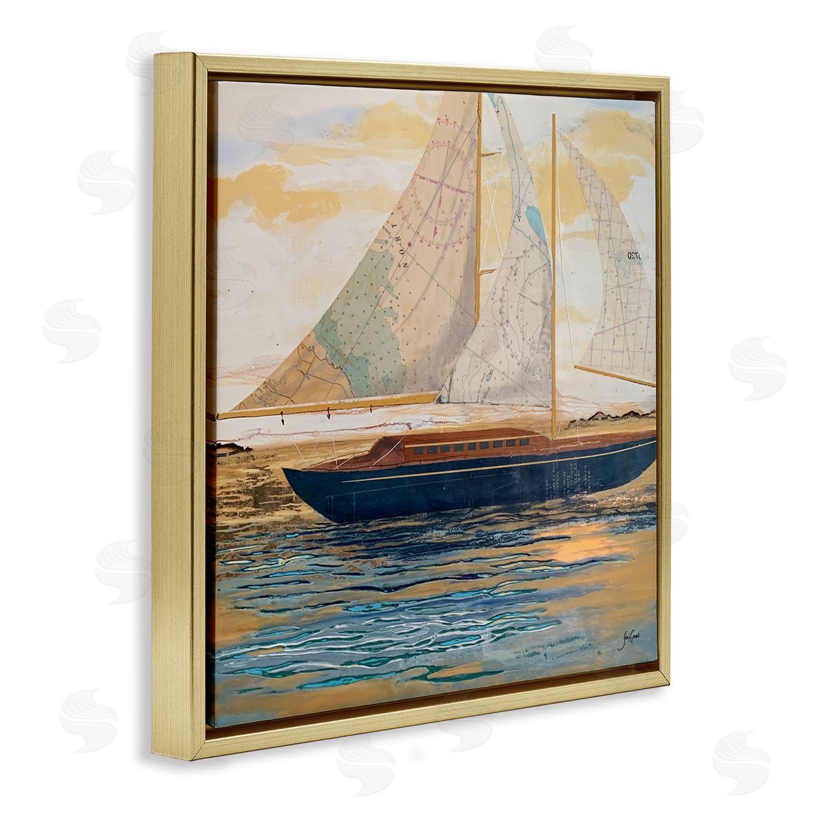 Stacy Gresell Nautical Watercraft Boat Layered Map Ephemera Collage Gold Floating Frame Canvas Wall Art Print