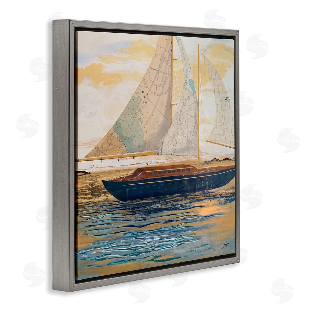 Stacy Gresell Nautical Watercraft Boat Layered Map Ephemera Collage Gray Floating Frame Canvas Wall Art Print