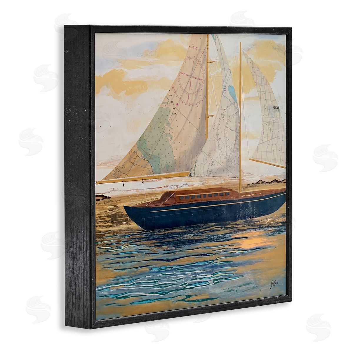 Stacy Gresell Nautical Watercraft Boat Layered Map Ephemera Collage Black Framed Glicee Wall Art Print