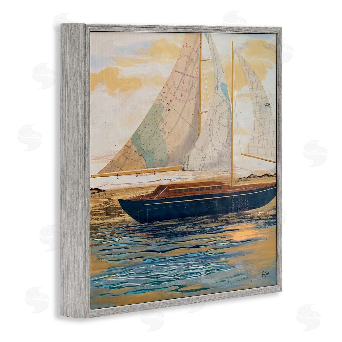 Stacy Gresell Nautical Watercraft Boat Layered Map Ephemera Collage Gray Framed Glicee Wall Art Print