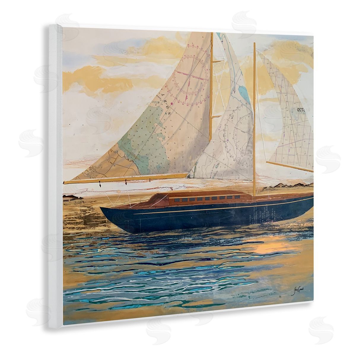 Stacy Gresell Nautical Watercraft Boat Layered Map Ephemera Collage Wooden Wall Plaque Art Print
