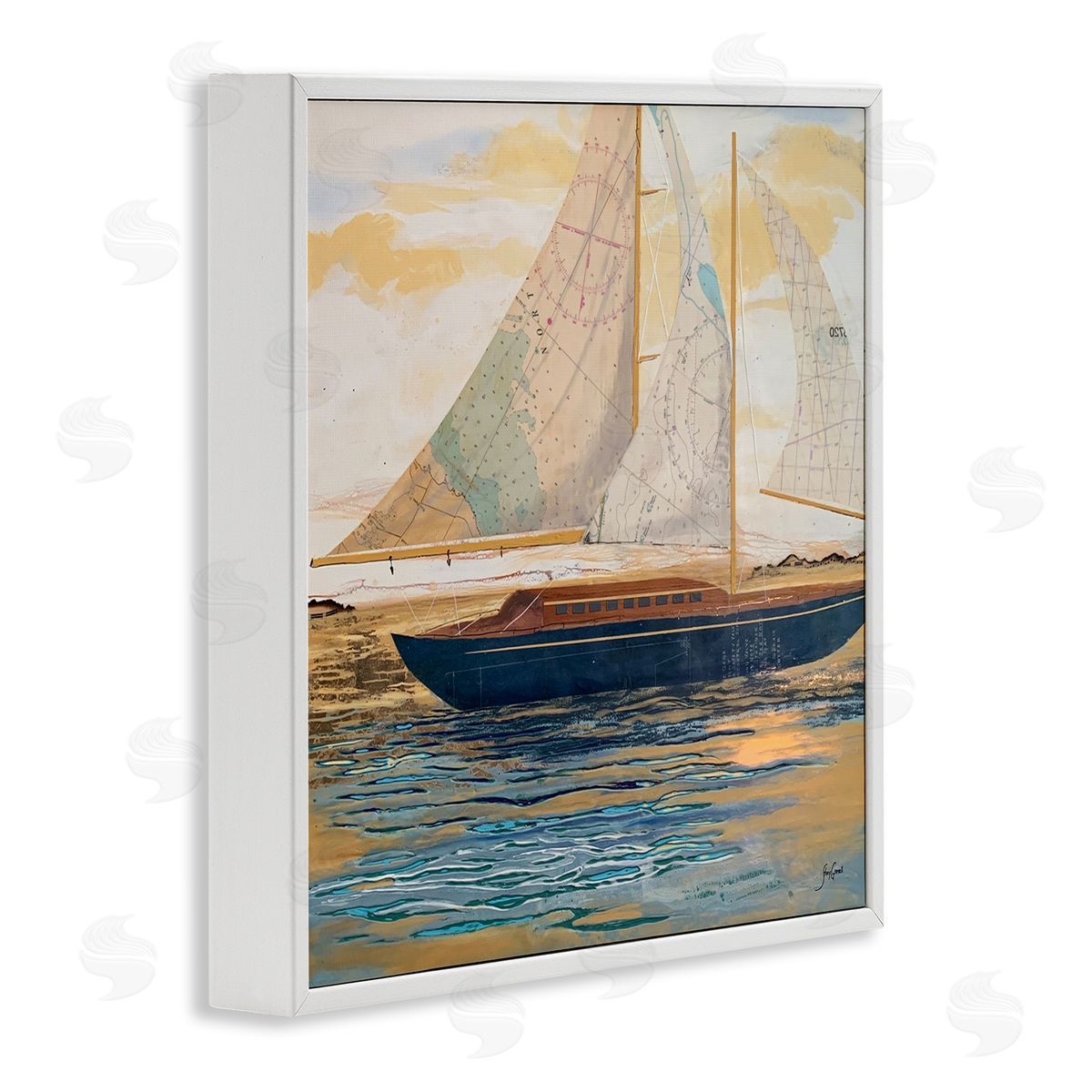 Stacy Gresell Nautical Watercraft Boat Layered Map Ephemera Collage White Framed Glicee Wall Art Print