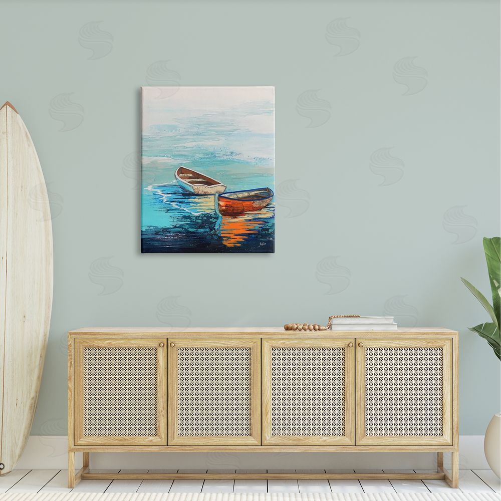 Stacy Gresell Quiet Boats Drifting Vivid Ocean Surface Reflection Canvas Wall Art Print in Room