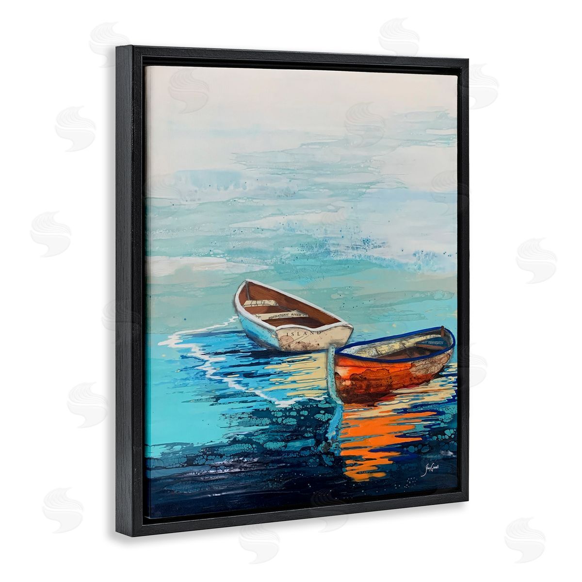 Stacy Gresell Quiet Boats Drifting Vivid Ocean Surface Reflection Black Floating Frame Canvas Wall Art Print