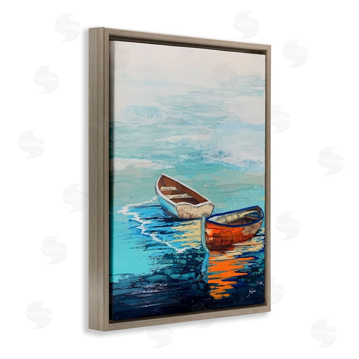 Stacy Gresell Quiet Boats Drifting Vivid Ocean Surface Reflection Brown Floating Frame Canvas Wall Art Print