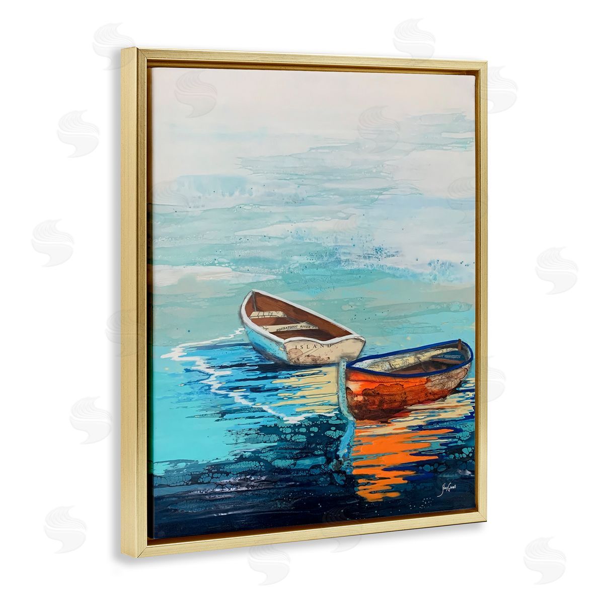 Stacy Gresell Quiet Boats Drifting Vivid Ocean Surface Reflection Gold Floating Frame Canvas Wall Art Print