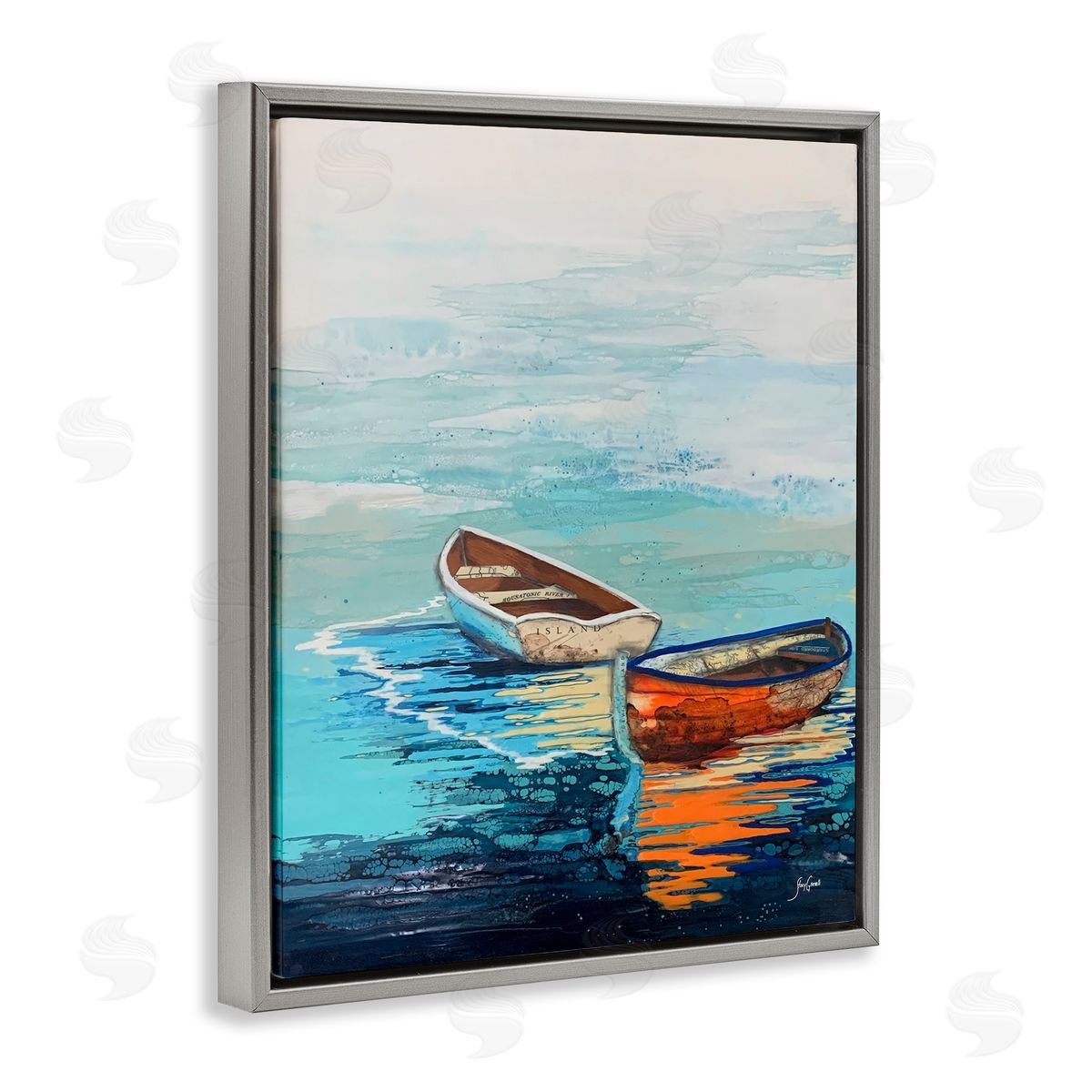 Stacy Gresell Quiet Boats Drifting Vivid Ocean Surface Reflection Gray Floating Frame Canvas Wall Art Print