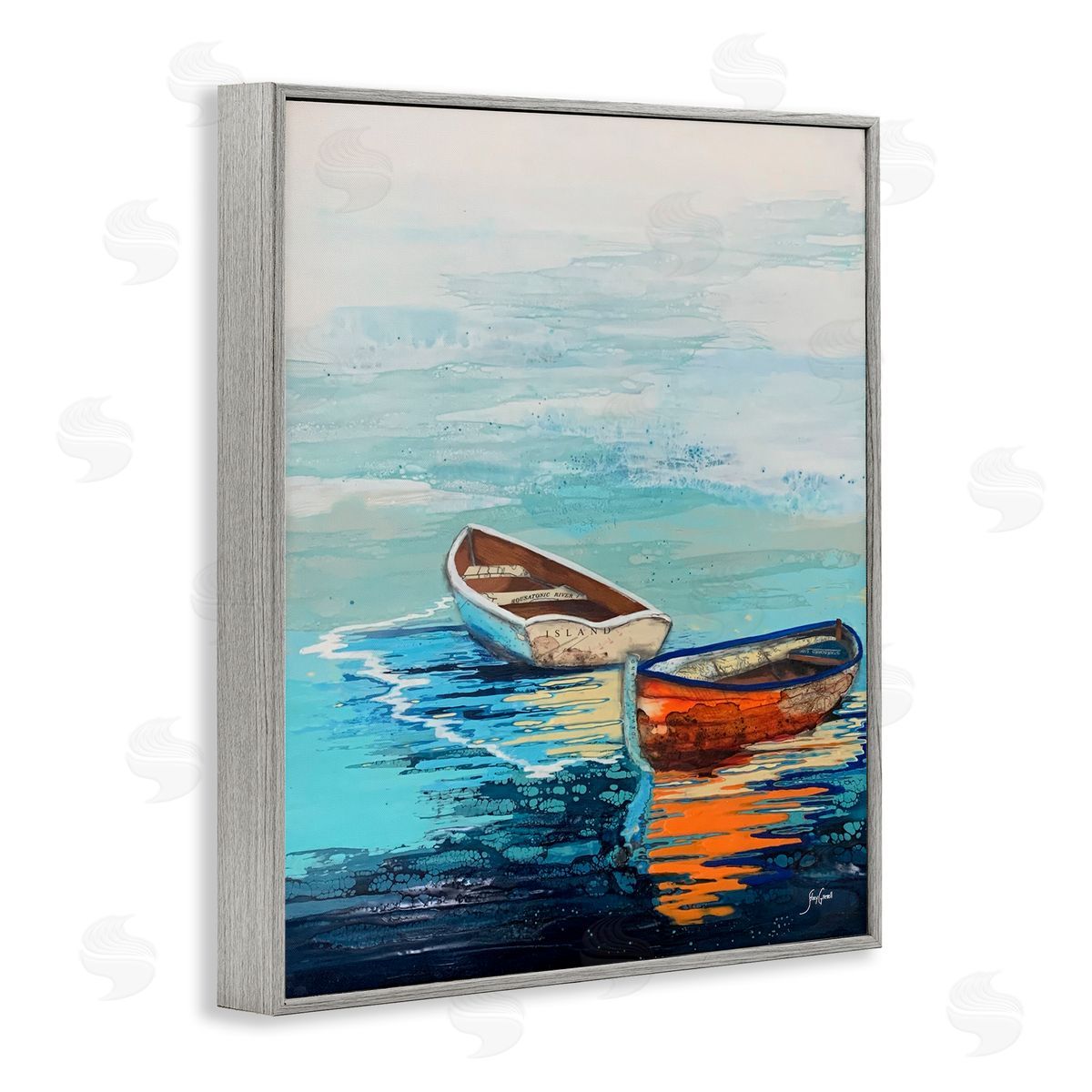 Stacy Gresell Quiet Boats Drifting Vivid Ocean Surface Reflection Gray Framed Giclee Wall Art Print