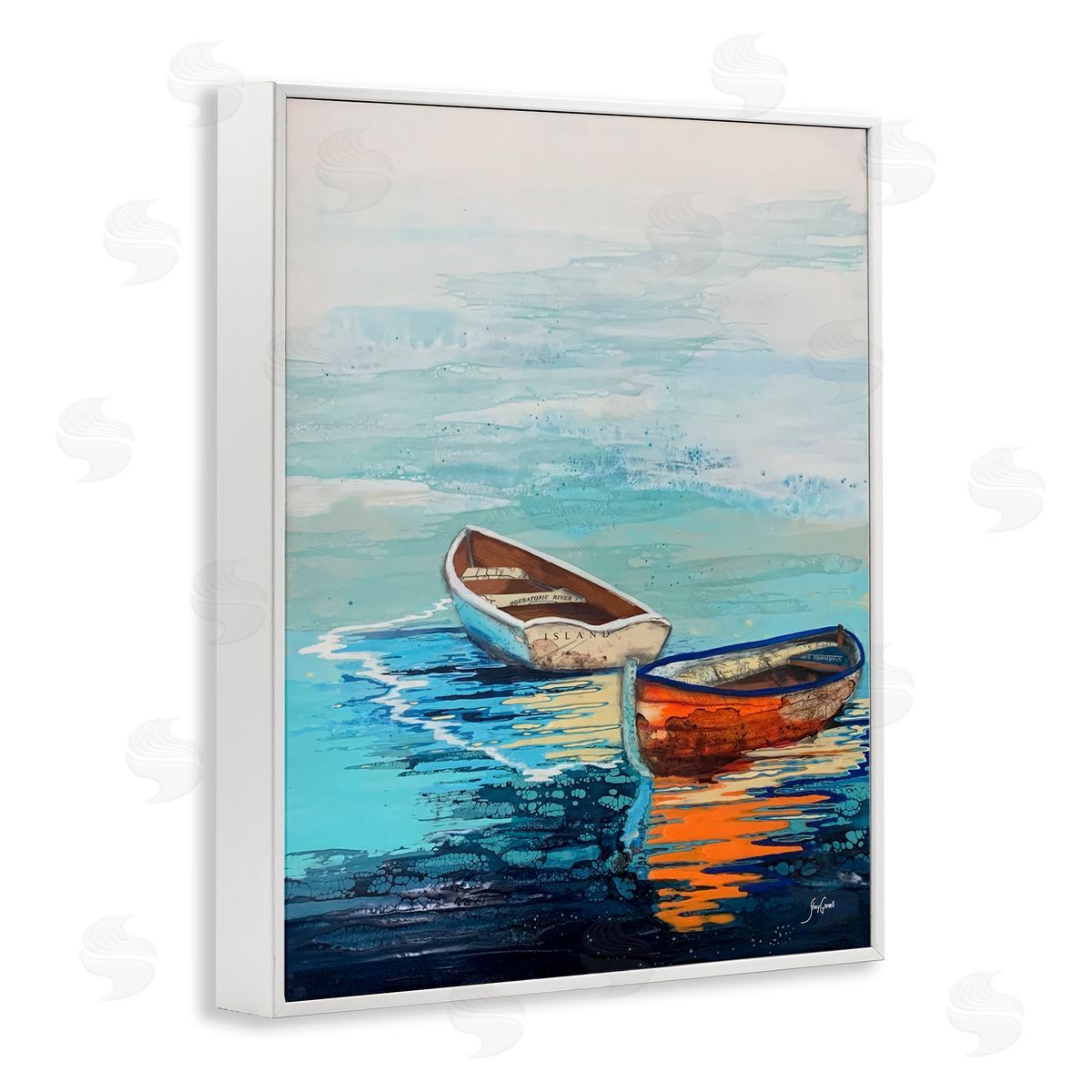 Stacy Gresell Quiet Boats Drifting Vivid Ocean Surface Reflection White Framed Giclee Wall Art Print