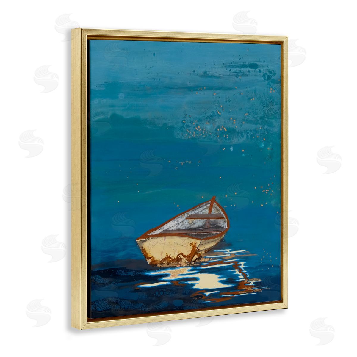 Stacy Gresell Single Boat Ocean Surface Layered Marine  Gold Floating Frame Canvas Wall Art Print