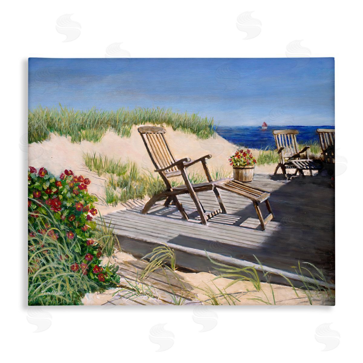 Tom Mielko Relaxing Waterfront Boardwalk Beach Chairs Summer Scene Stretched Canvas Wall Art Print