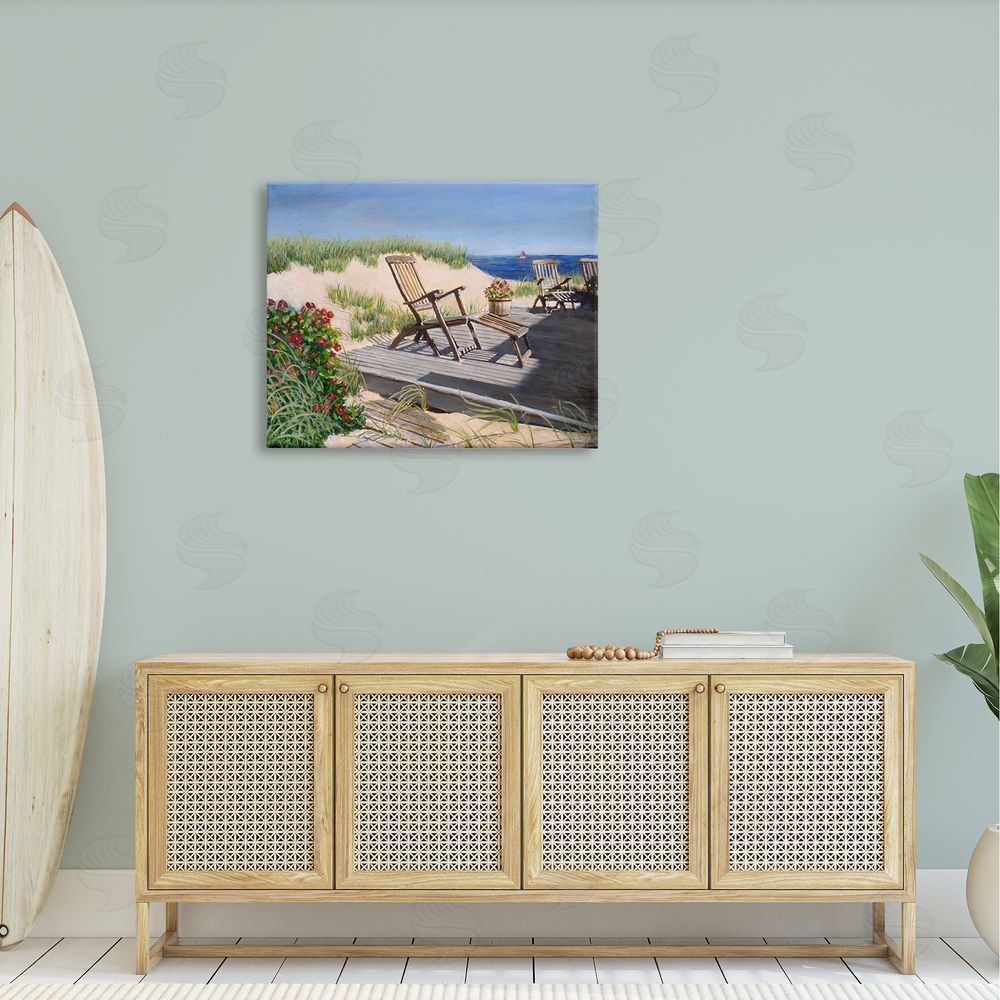 Tom Mielko Relaxing Waterfront Boardwalk Beach Chairs Summer Scene Canvas Wall Art Print in Room