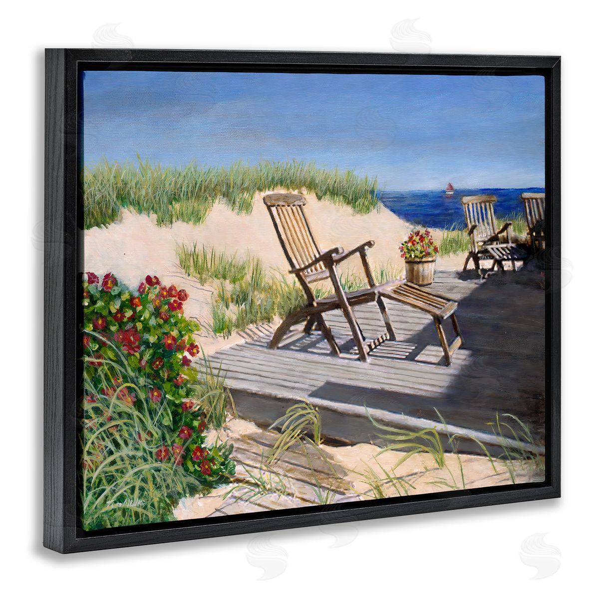 Tom Mielko Relaxing Waterfront Boardwalk Beach Chairs Summer Scene Black Floating Frame Canvas Wall Art Print