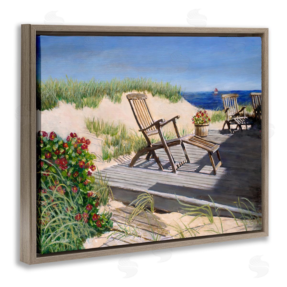 Tom Mielko Relaxing Waterfront Boardwalk Beach Chairs Summer Scene Brown Floating Frame Canvas Wall Art Print