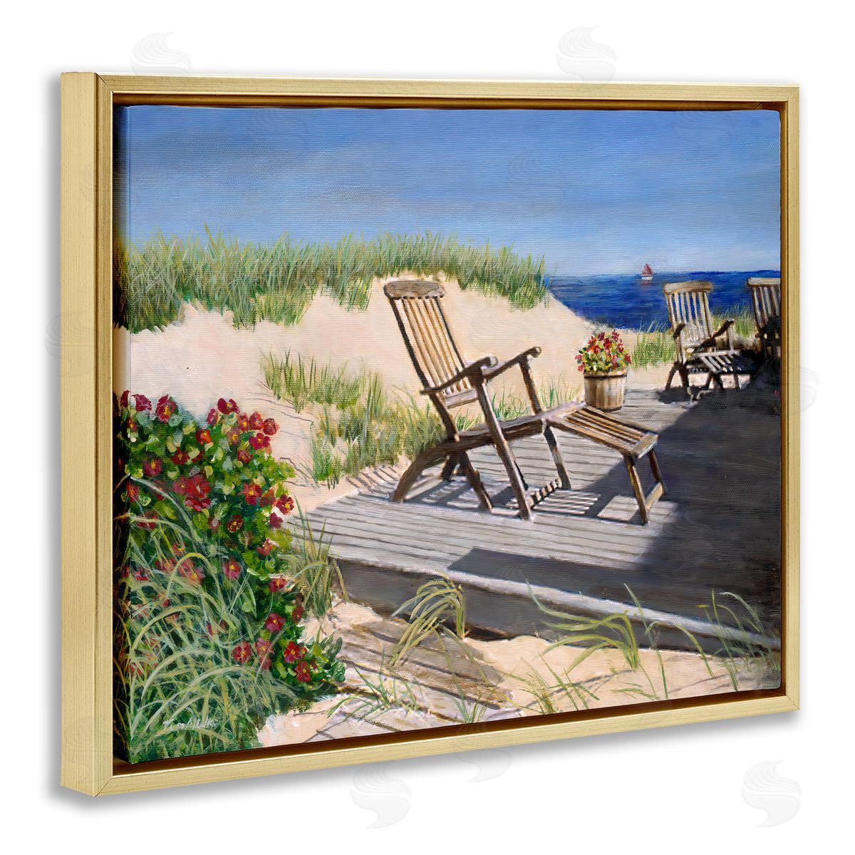 Tom Mielko Relaxing Waterfront Boardwalk Beach Chairs Summer Scene Gold Floating Frame Canvas Wall Art Print