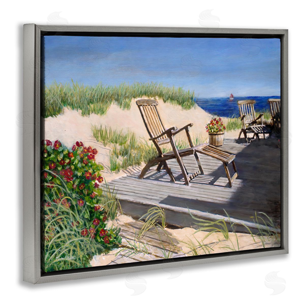 Tom Mielko Relaxing Waterfront Boardwalk Beach Chairs Summer Scene Gray Floating Frame Canvas Wall Art Print