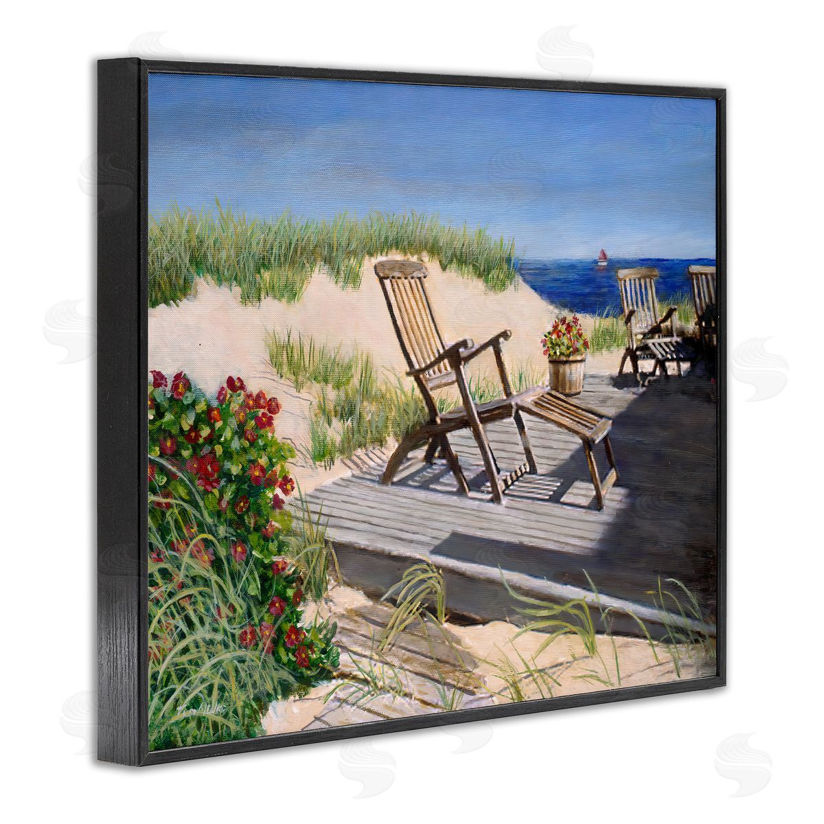 Tom Mielko Relaxing Waterfront Boardwalk Beach Chairs Summer Scene Black Framed Giclee Wall Art Print