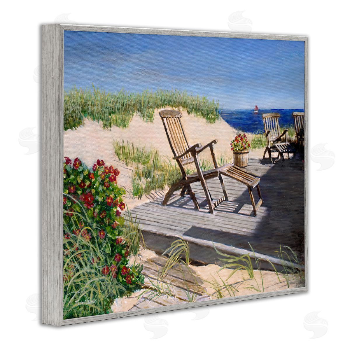 Tom Mielko Relaxing Waterfront Boardwalk Beach Chairs Summer Scene Gray Framed Giclee Wall Art Print