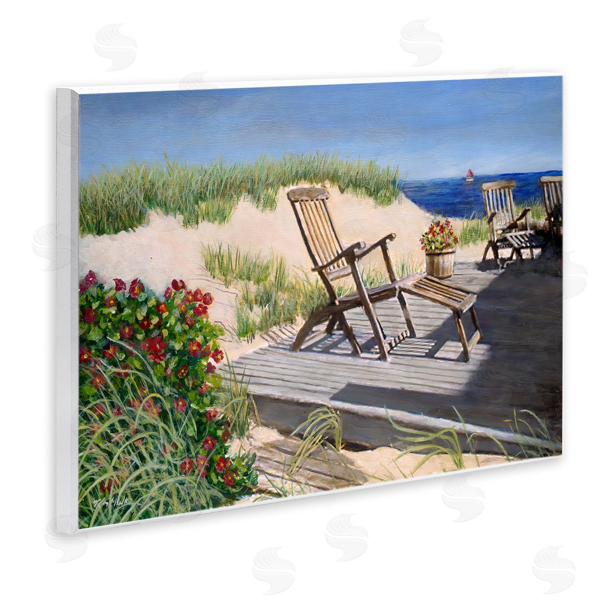 Tom Mielko Relaxing Waterfront Boardwalk Beach Chairs Summer Scene Wall Plaque Art Print
